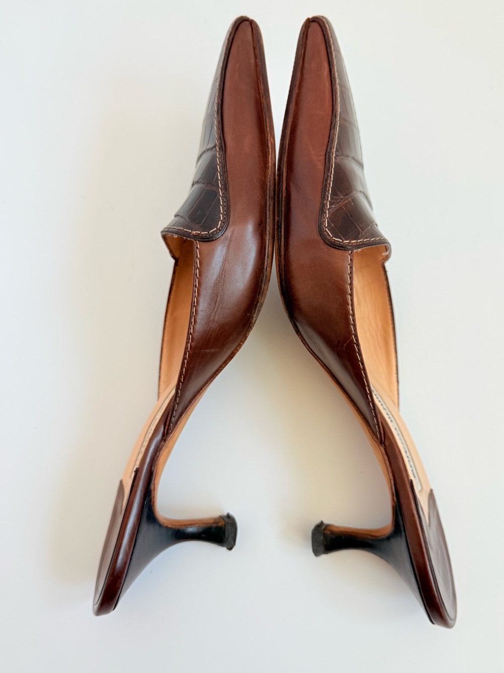 Vintage Manolo Blahnik Brown Croc Embossed Leather Mule Kitten Heels EU 38.5 - Picture 5 of 7